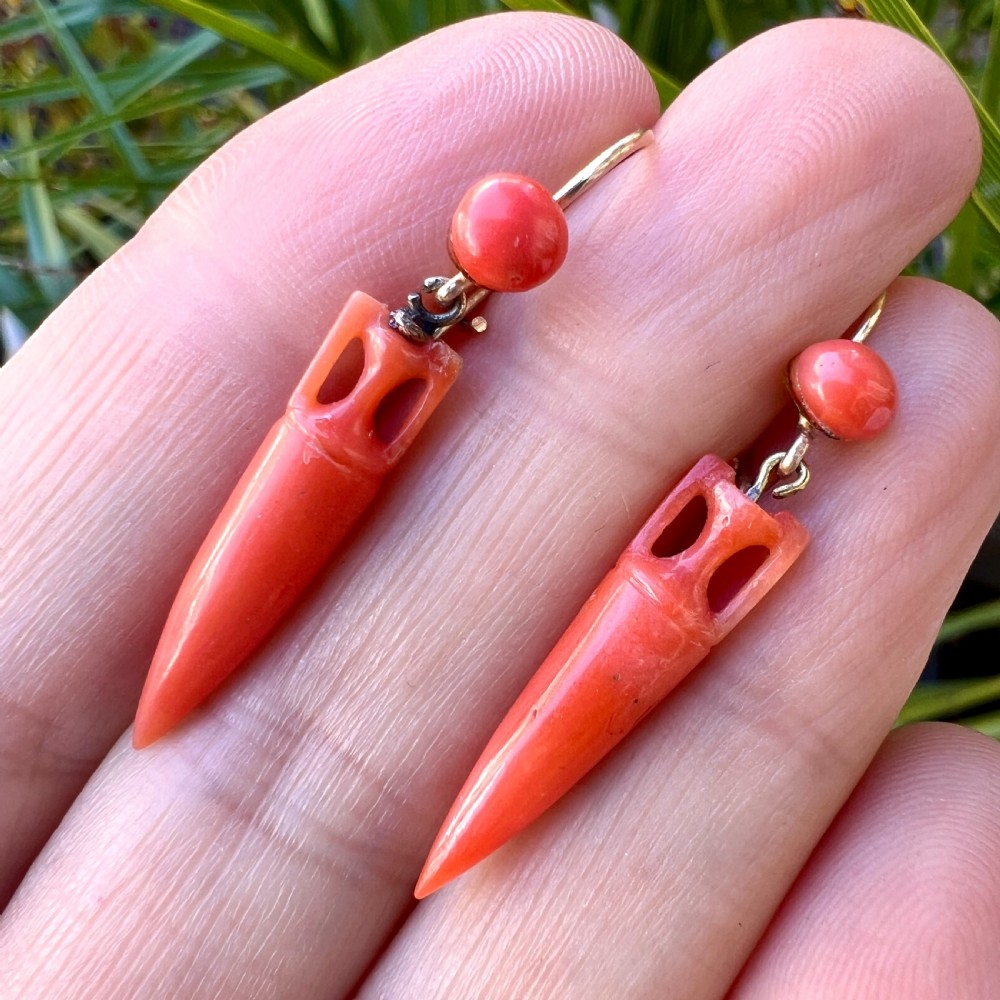 Victorian Coral Drop Gold Earrings View VII