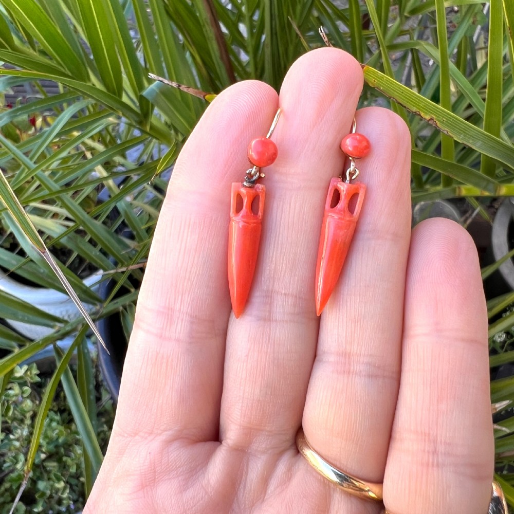 Victorian Coral Drop Gold Earrings View VIII