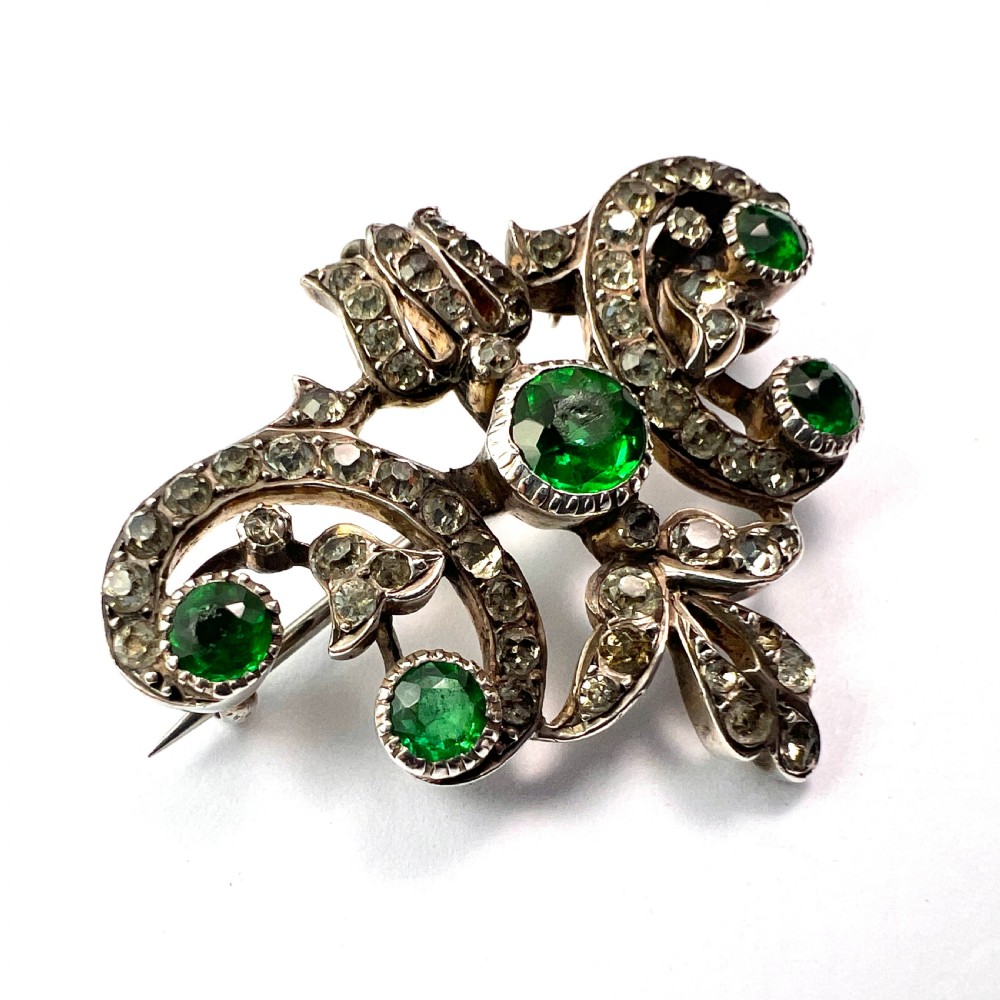 Victorian Emerald Paste Silver Brooch View V