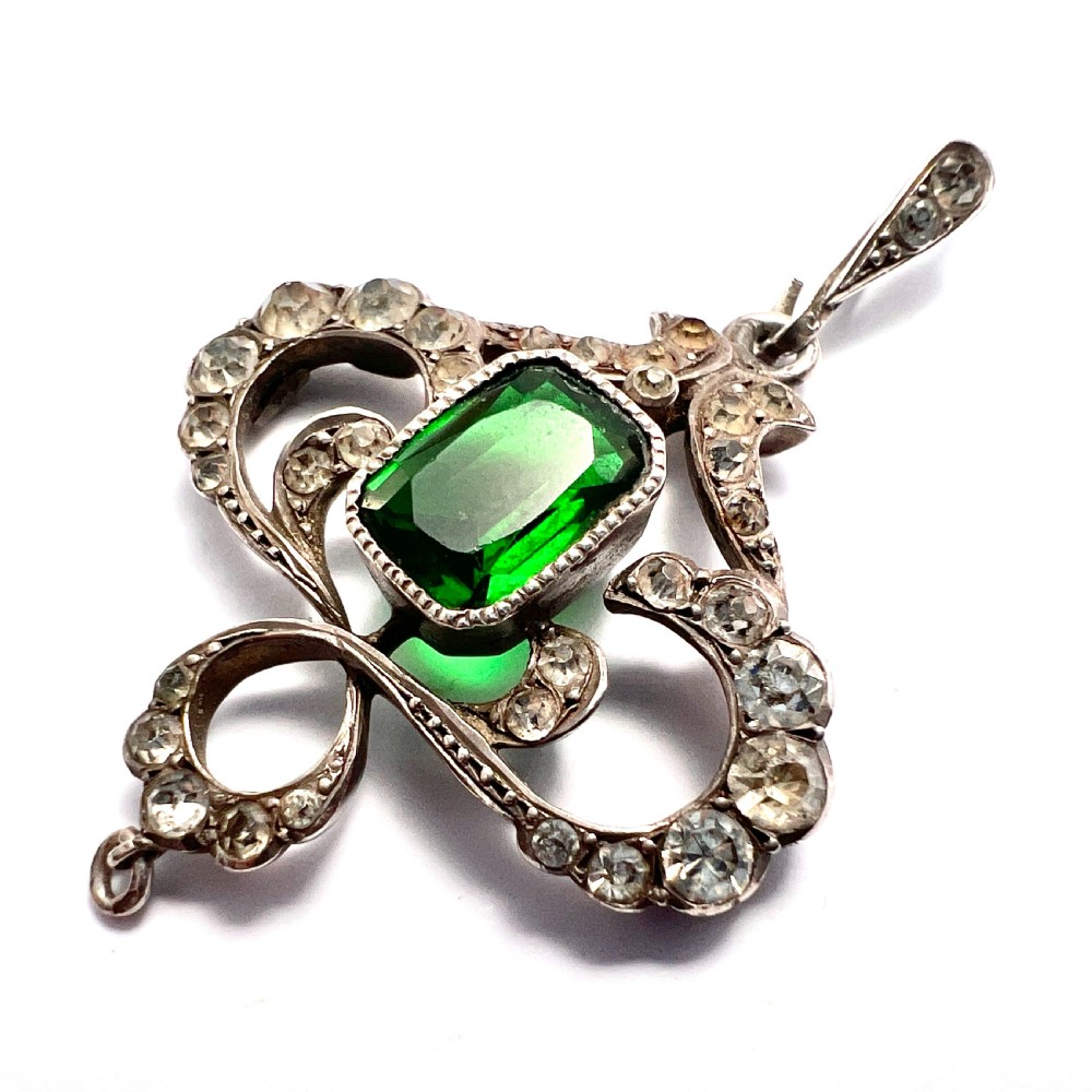 Art Nouveau Edwardian Silver Emerald Paste Pendant