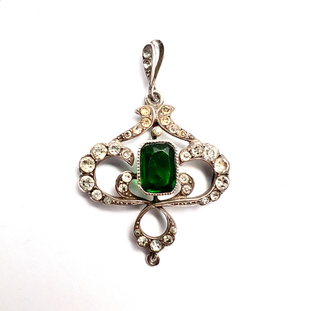 Art Nouveau Edwardian Silver Emerald Paste Pendant View III