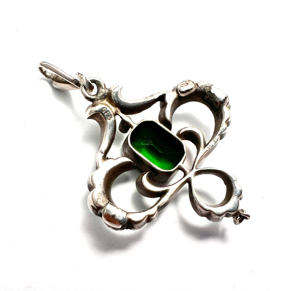 Art Nouveau Edwardian Silver Emerald Paste Pendant View V