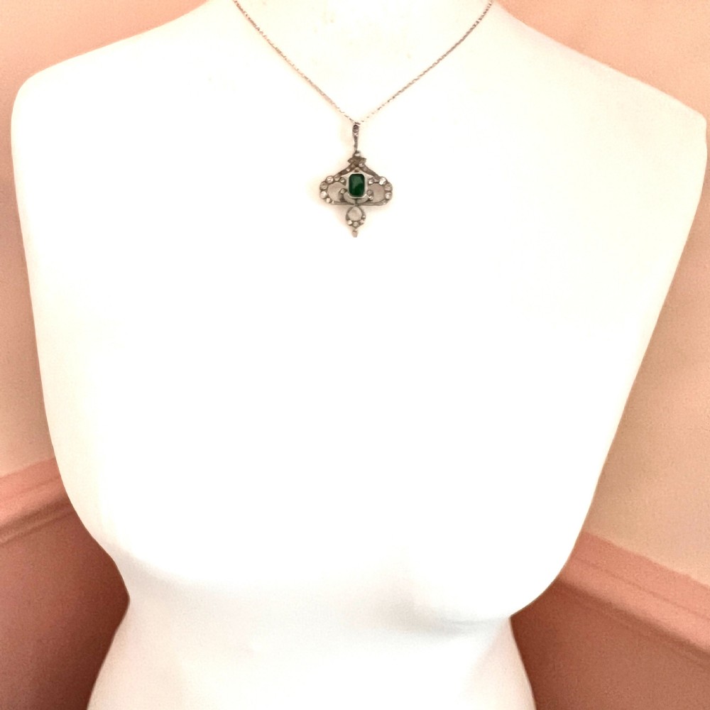 Art Nouveau Edwardian Silver Emerald Paste Pendant View VIII