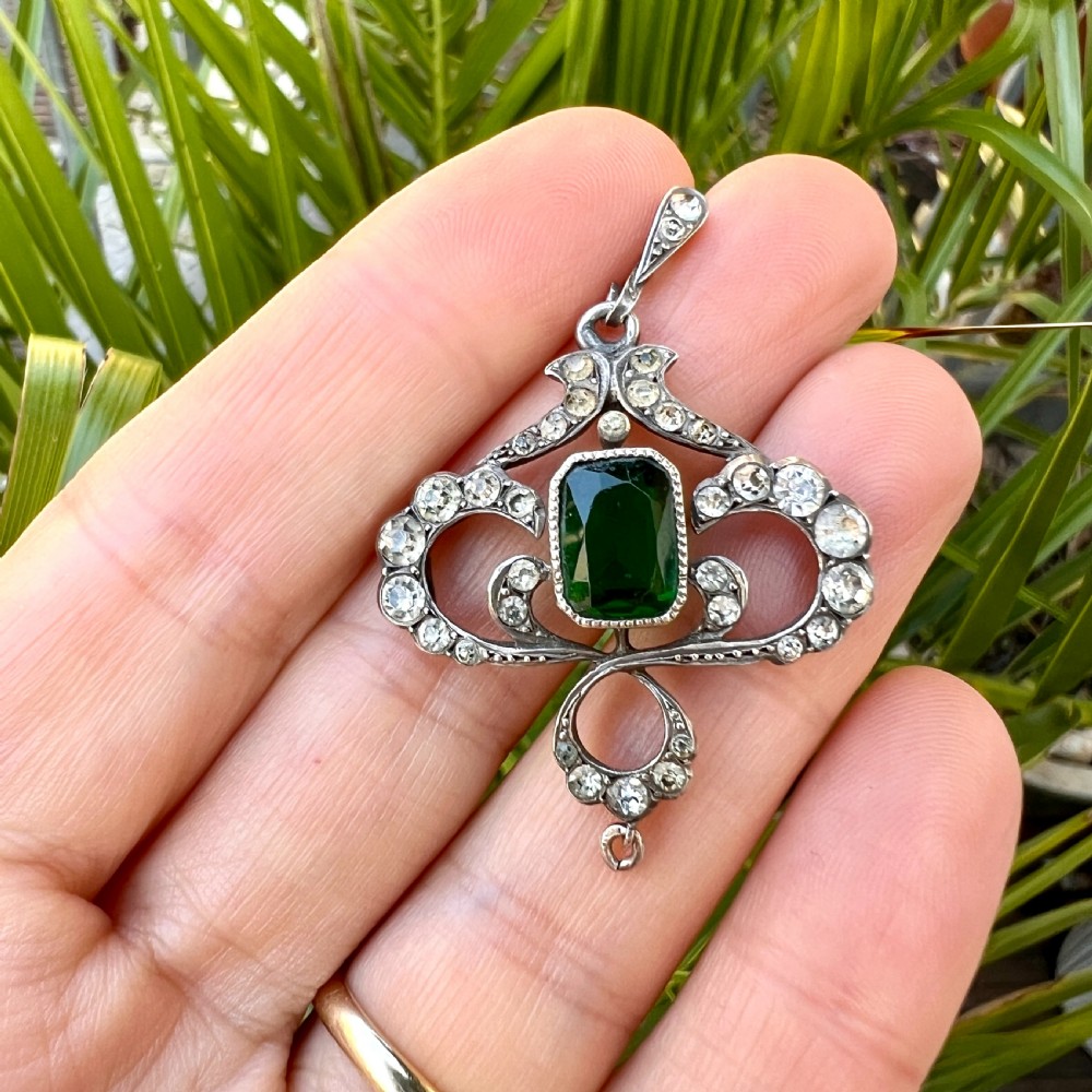 Art Nouveau Edwardian Silver Emerald Paste Pendant View IX