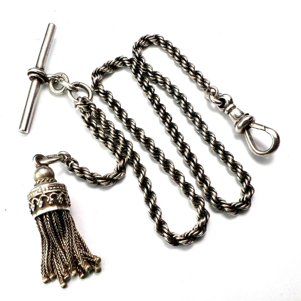 Antique Silver Tassel Watch Chain Bracelet with Albert Dog Clip