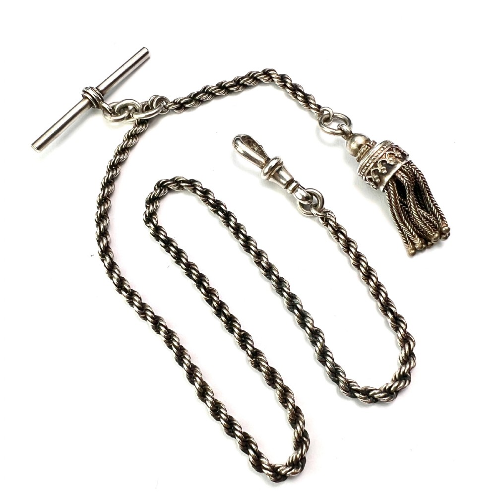Antique Silver Tassel Watch Chain Bracelet with Albert Dog Clip View II