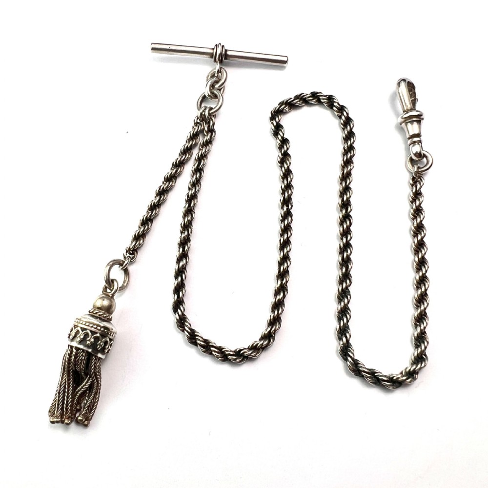 Antique Silver Tassel Watch Chain Bracelet with Albert Dog Clip View III