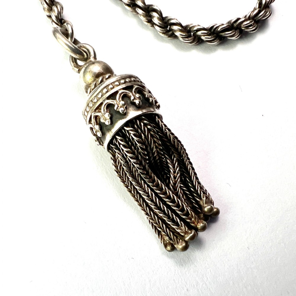 Antique Silver Tassel Watch Chain Bracelet with Albert Dog Clip View IV