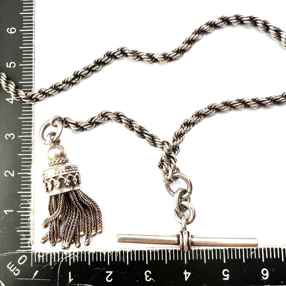Antique Silver Tassel Watch Chain Bracelet with Albert Dog Clip View VI