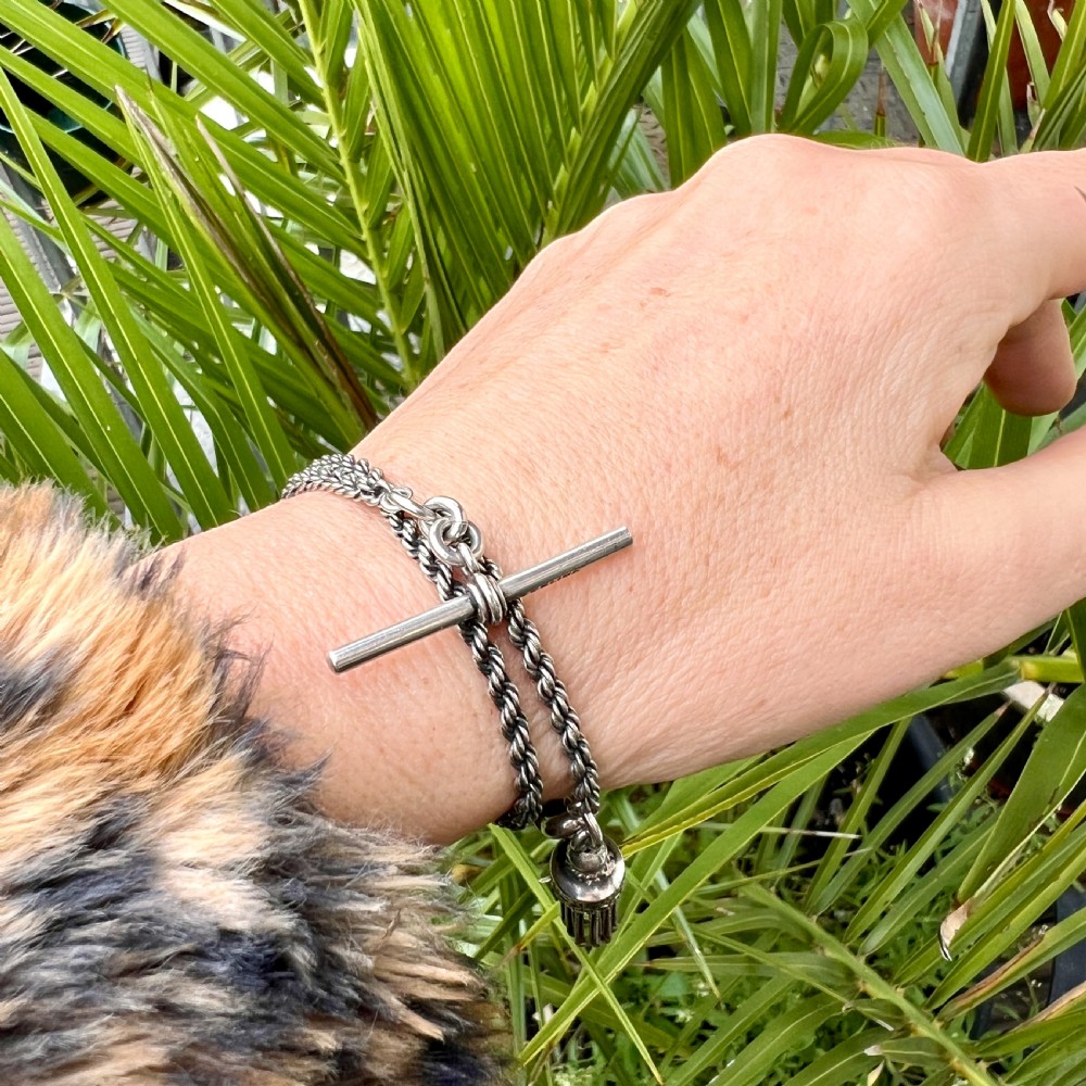 Antique Silver Tassel Watch Chain Bracelet with Albert Dog Clip View VIII