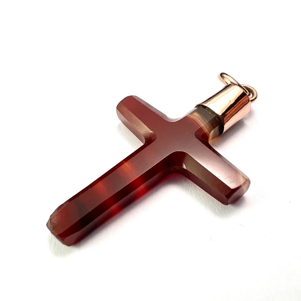 Victorian Gold Carved Agate Cross Pendant View II
