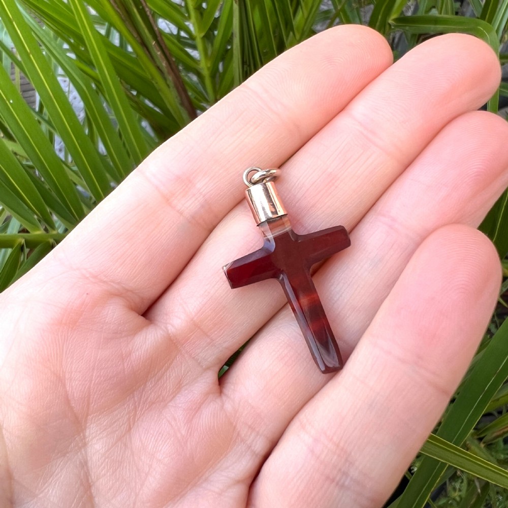 Victorian Gold Carved Agate Cross Pendant View VI
