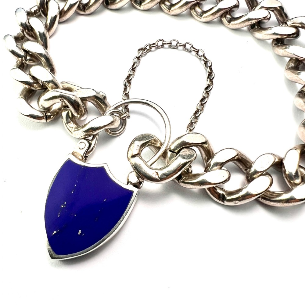 Victorian Hallmarked Silver Scottish Curb Chain Bracelet with Lapis Lazuli Padlock