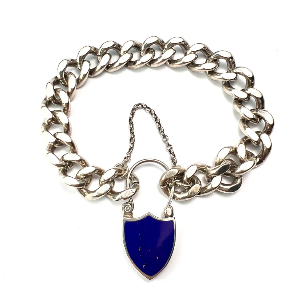 Victorian Hallmarked Silver Scottish Curb Chain Bracelet with Lapis Lazuli Padlock View II