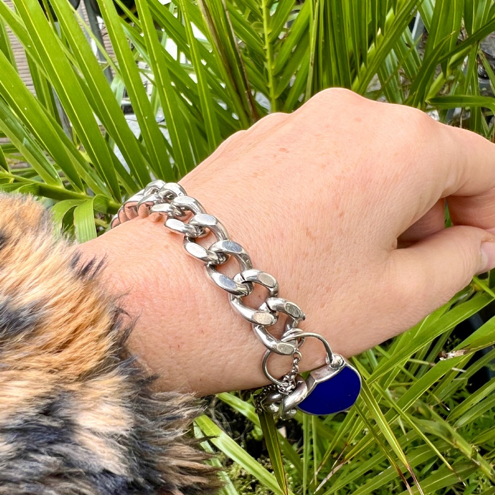 Victorian Hallmarked Silver Scottish Curb Chain Bracelet with Lapis Lazuli Padlock View VIII