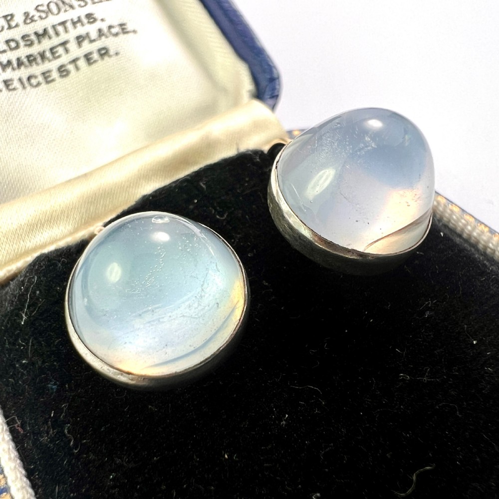 Antique Arts and Crafts Sugarloaf Moonstone Cabochon Earrings View VII