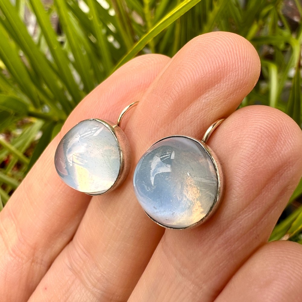 Antique Arts and Crafts Sugarloaf Moonstone Cabochon Earrings View XII