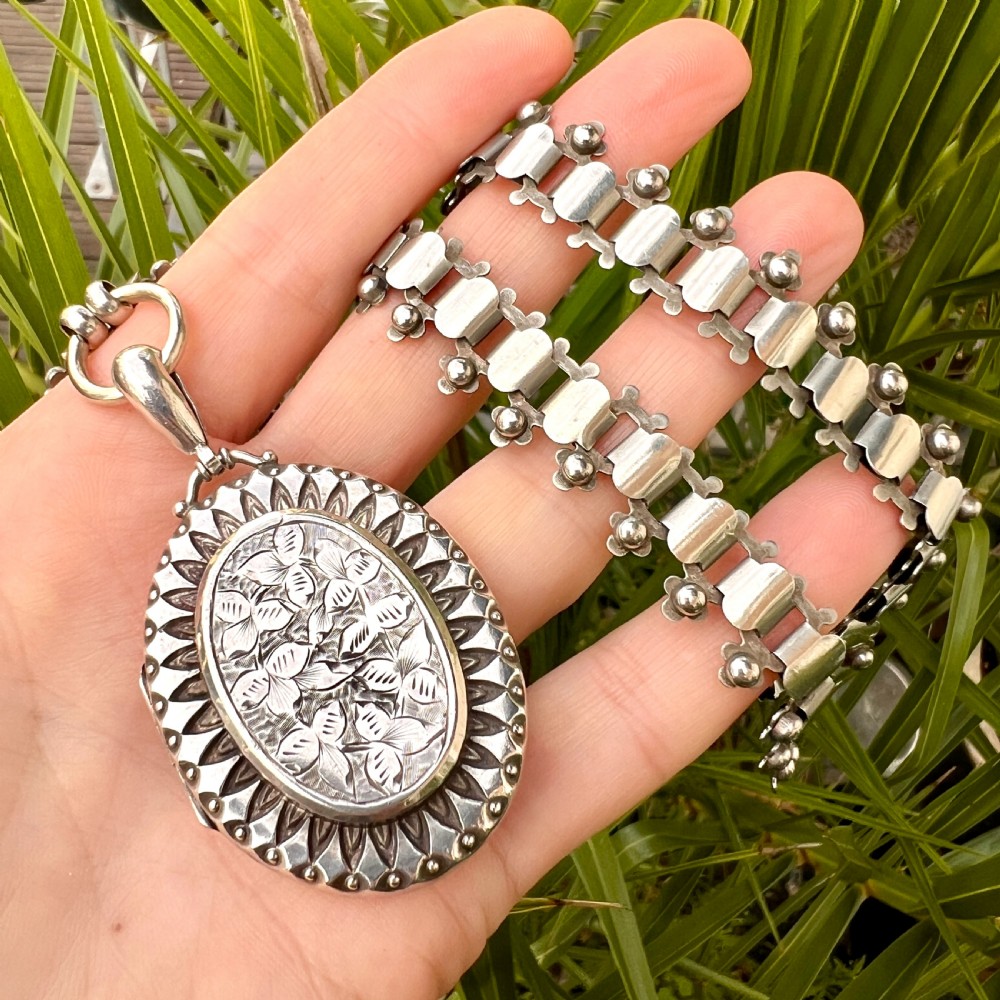 Victorian Large Locket Silver Book Chain Necklace View IX