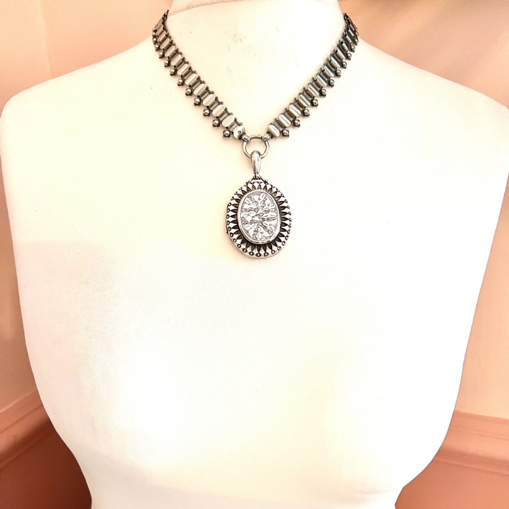 Victorian Large Locket Silver Book Chain Necklace View X