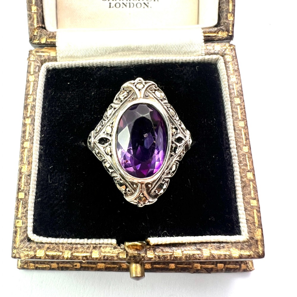 1930s Amethyst Marcasite Silver Cocktail Ring