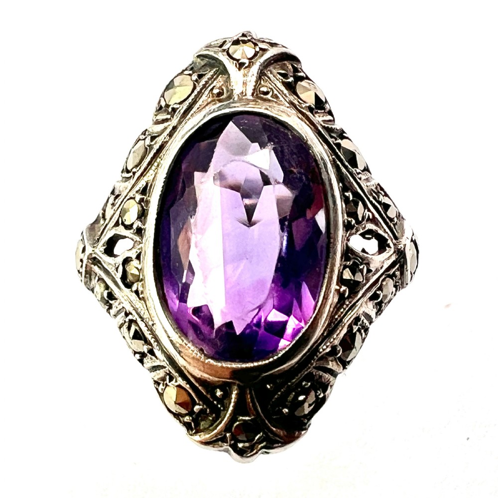 1930s Amethyst Marcasite Silver Cocktail Ring View V