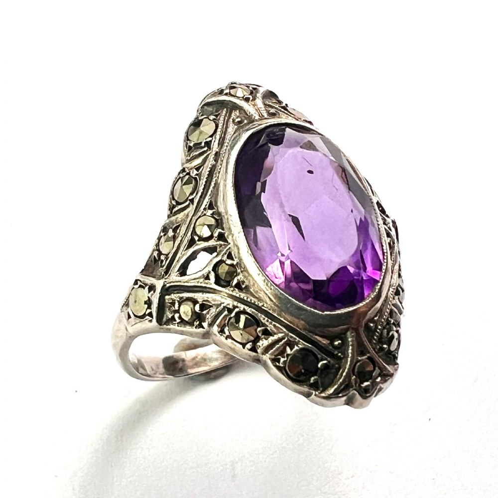 1930s Amethyst Marcasite Silver Cocktail Ring View VI