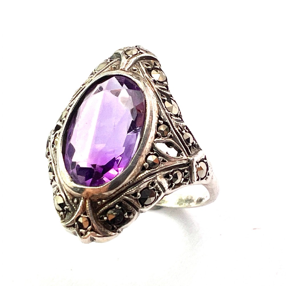 1930s Amethyst Marcasite Silver Cocktail Ring View VII