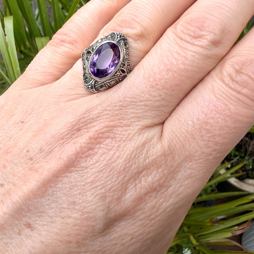 1930s Amethyst Marcasite Silver Cocktail Ring View VIII