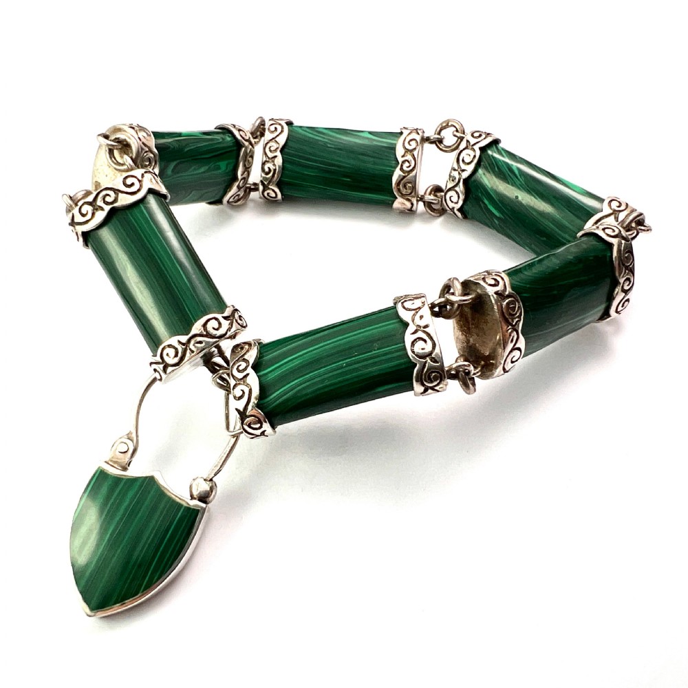 RESERVED for MW • Victorian Malachite Silver Scottish Bracelet with Thistle Padlock