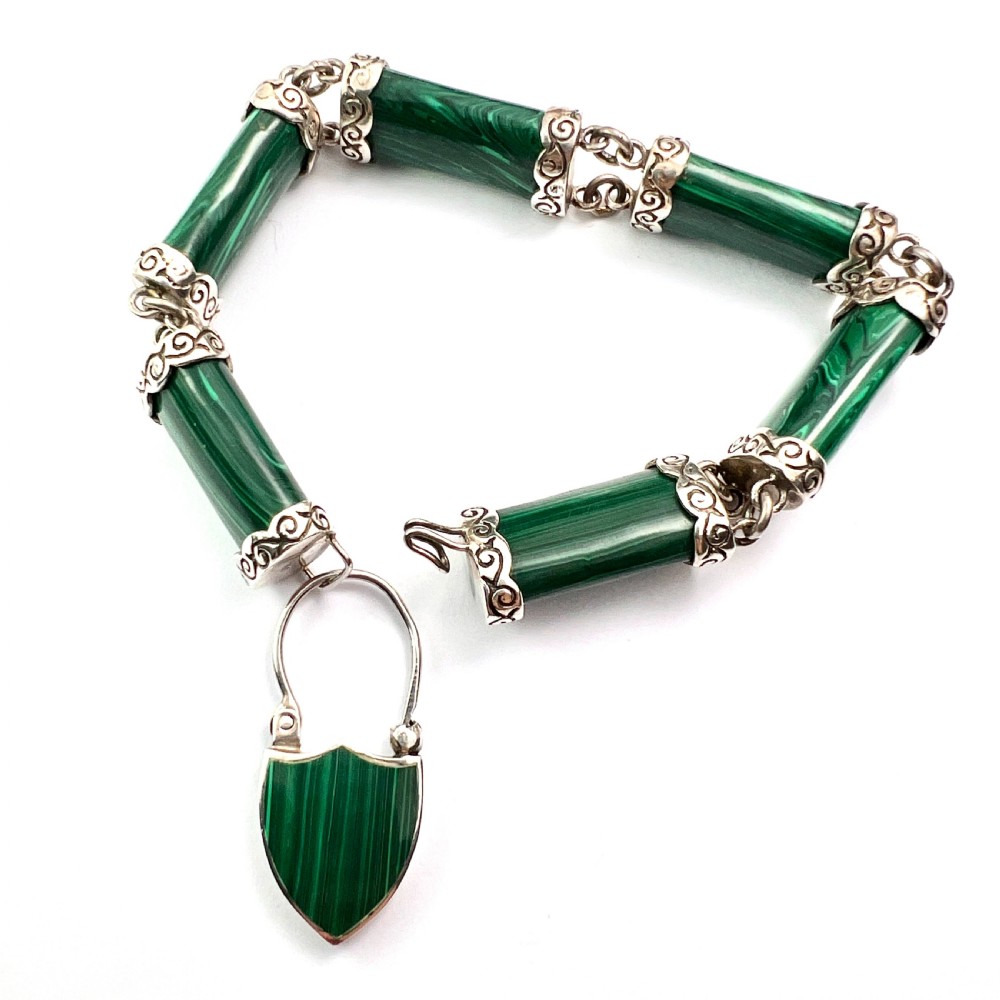 RESERVED for MW • Victorian Malachite Silver Scottish Bracelet with Thistle Padlock View II