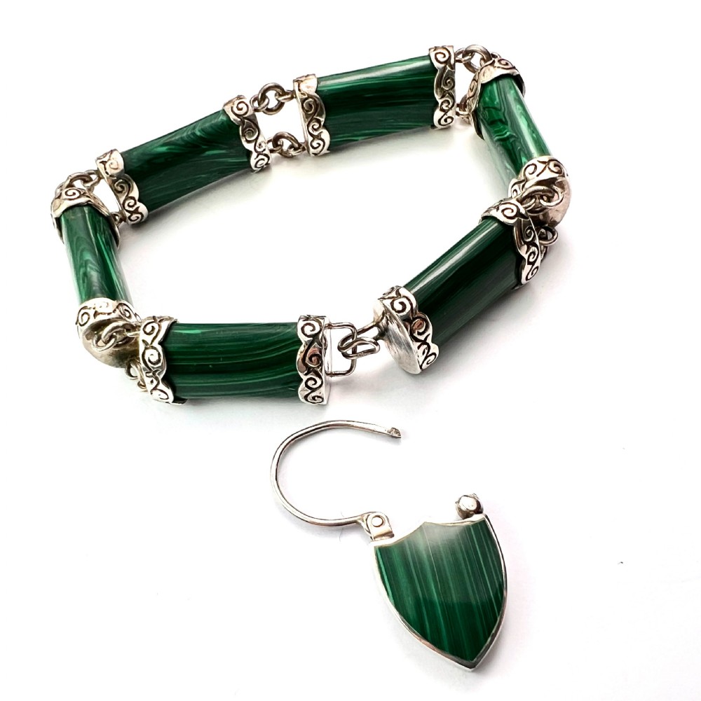 RESERVED for MW • Victorian Malachite Silver Scottish Bracelet with Thistle Padlock View III