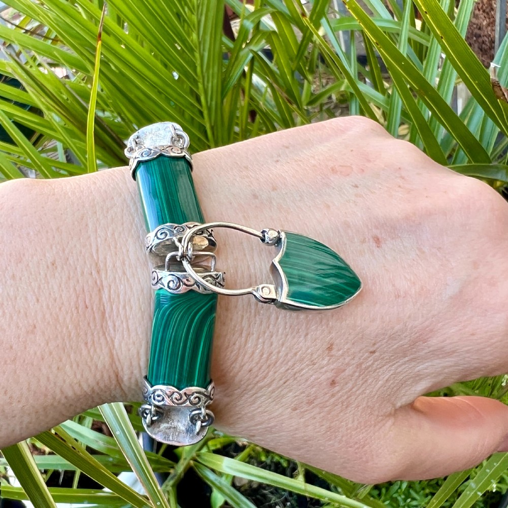 RESERVED for MW • Victorian Malachite Silver Scottish Bracelet with Thistle Padlock View IV