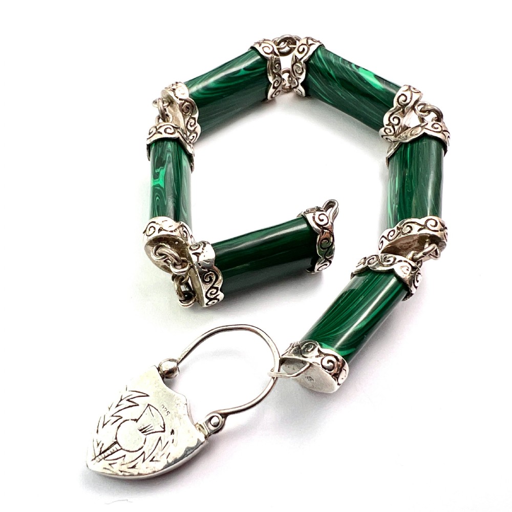 RESERVED for MW • Victorian Malachite Silver Scottish Bracelet with Thistle Padlock View V