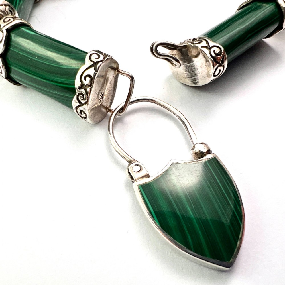 RESERVED for MW • Victorian Malachite Silver Scottish Bracelet with Thistle Padlock View VI