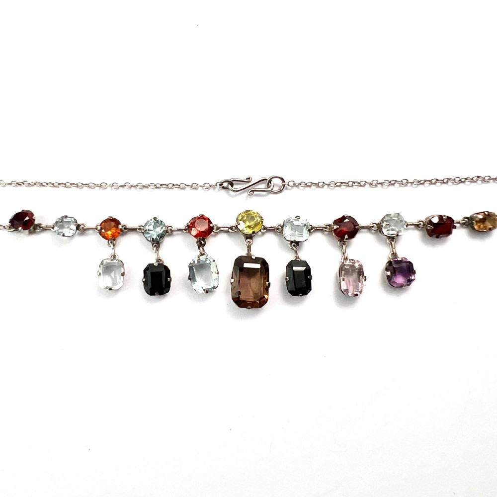 Edwardian Silver Tutti Frutti Harlequin Gemstone Necklace View II
