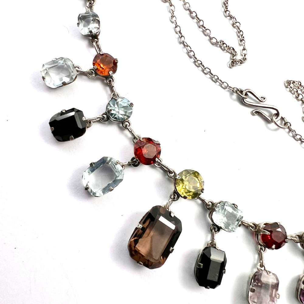 Edwardian Silver Tutti Frutti Harlequin Gemstone Necklace View III