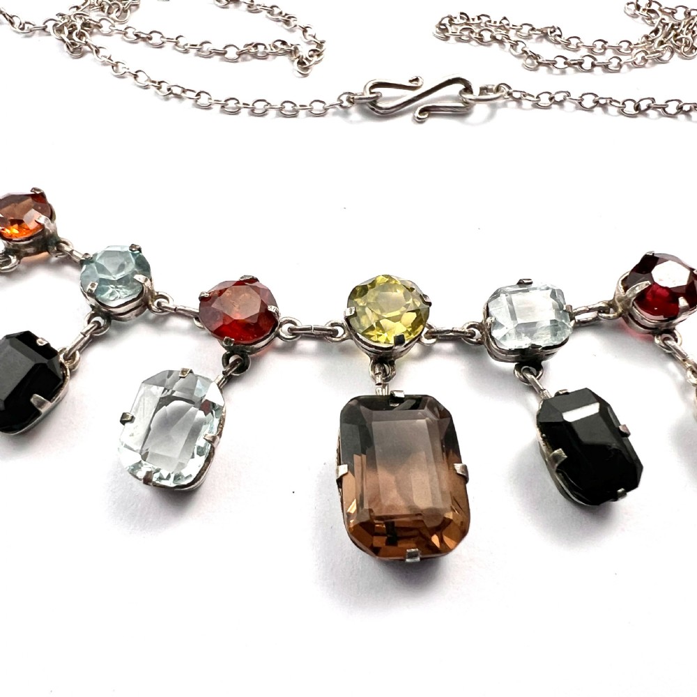 Edwardian Silver Tutti Frutti Harlequin Gemstone Necklace View V