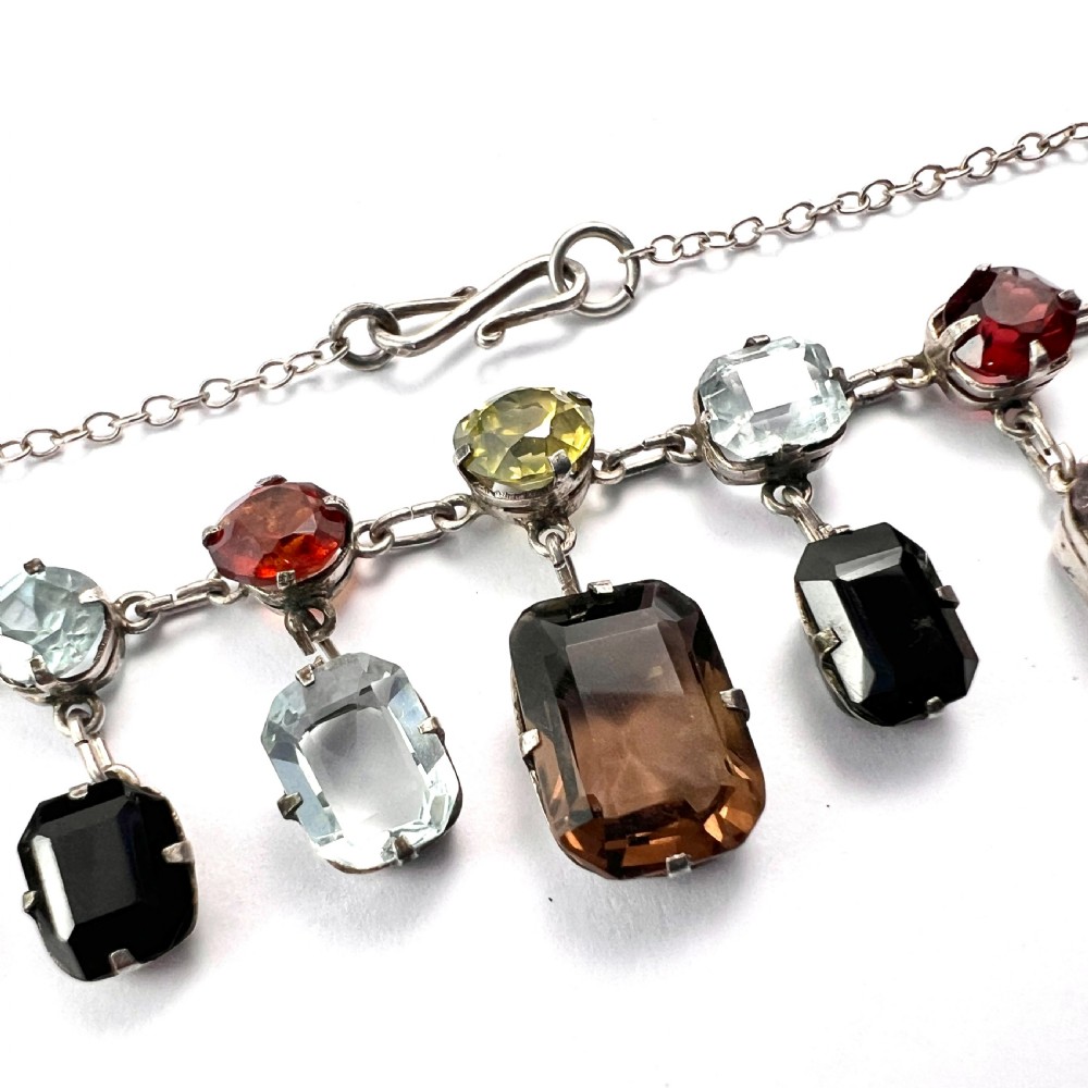 Edwardian Silver Tutti Frutti Harlequin Gemstone Necklace View VI