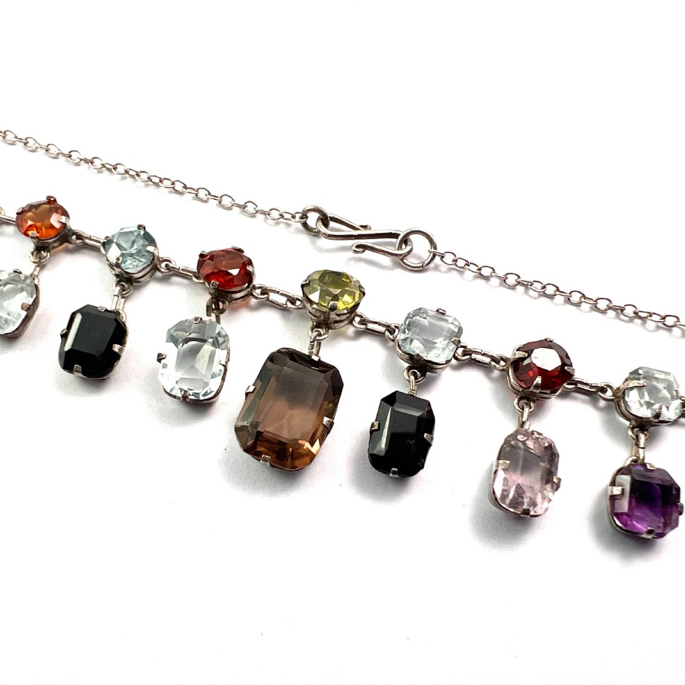 Edwardian Silver Tutti Frutti Harlequin Gemstone Necklace View VII