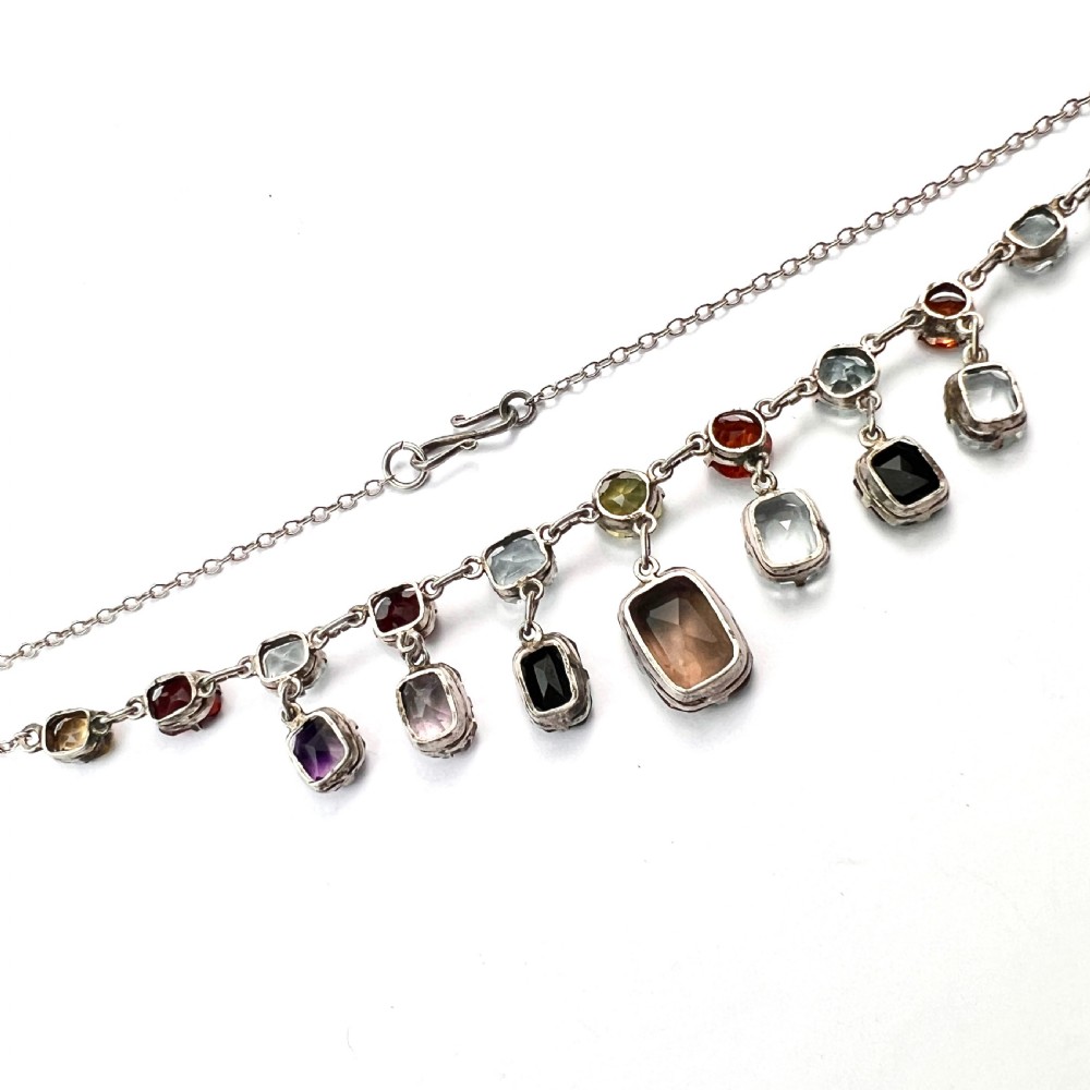Edwardian Silver Tutti Frutti Harlequin Gemstone Necklace View VIII