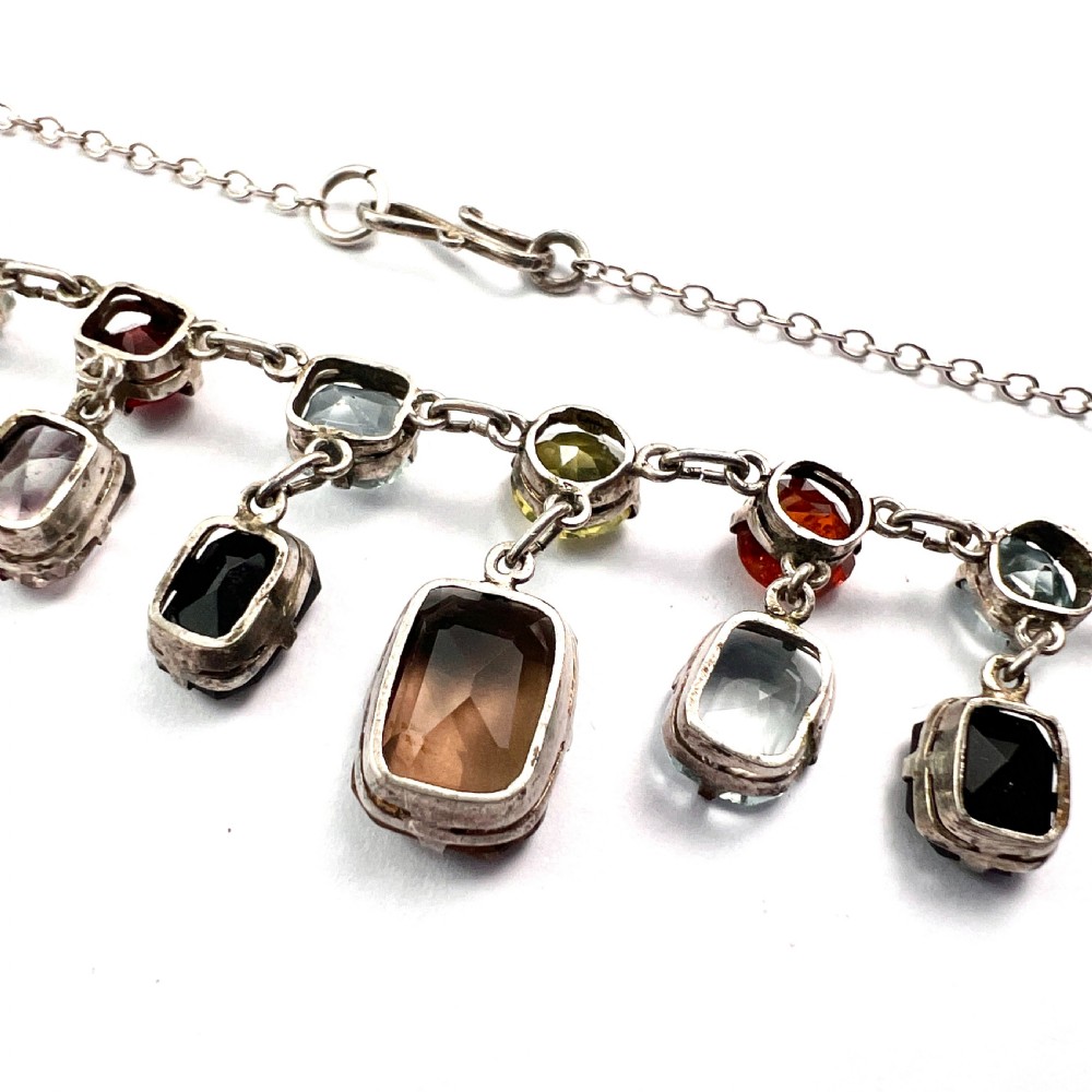 Edwardian Silver Tutti Frutti Harlequin Gemstone Necklace View IX