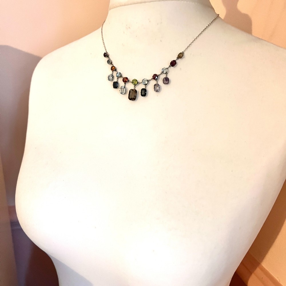 Edwardian Silver Tutti Frutti Harlequin Gemstone Necklace View X