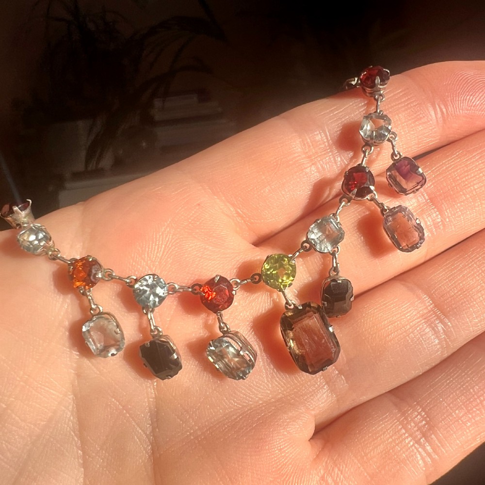 Edwardian Silver Tutti Frutti Harlequin Gemstone Necklace View XI