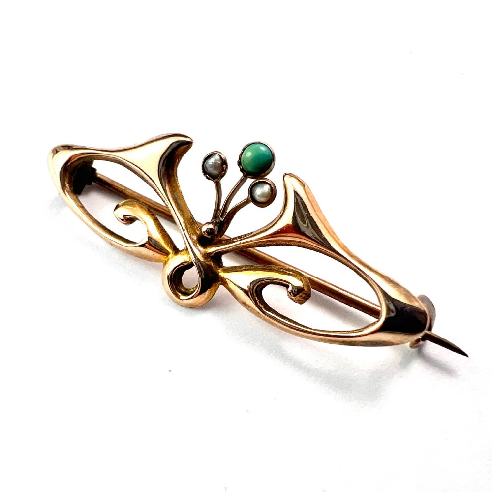 Victorian Art Nouveau Turquoise and Pearl Gold Brooch View II
