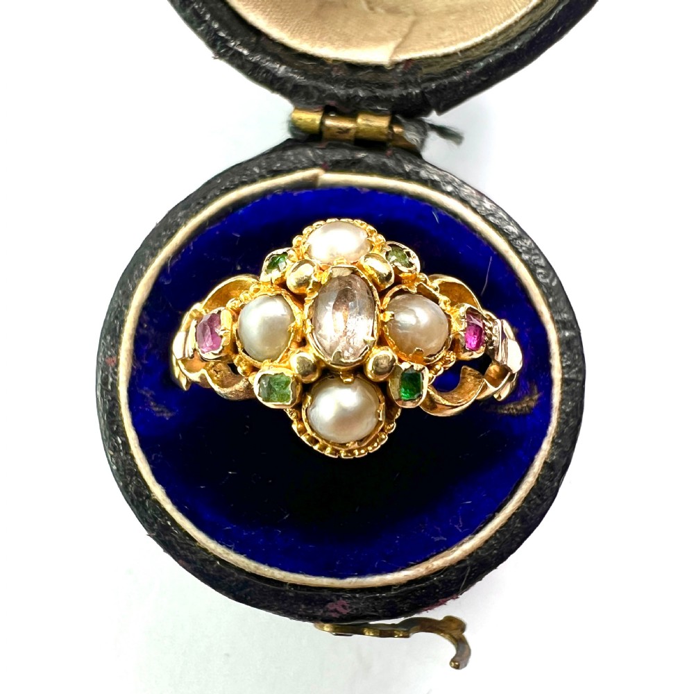 Georgian Pearl, Ruby, Emerald Gold Locket Ring