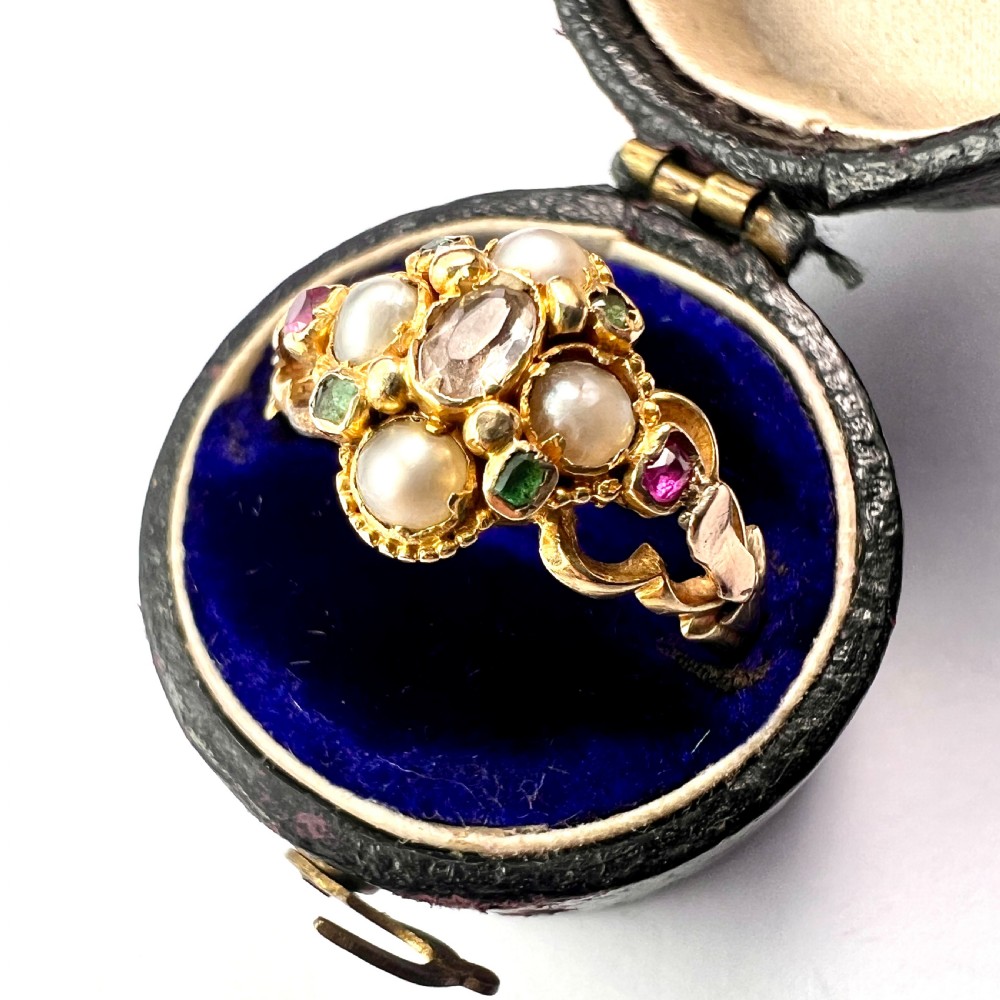Georgian Pearl, Ruby, Emerald Gold Locket Ring View II