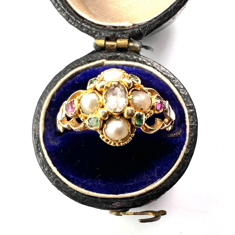 Georgian Pearl, Ruby, Emerald Gold Locket Ring View IV