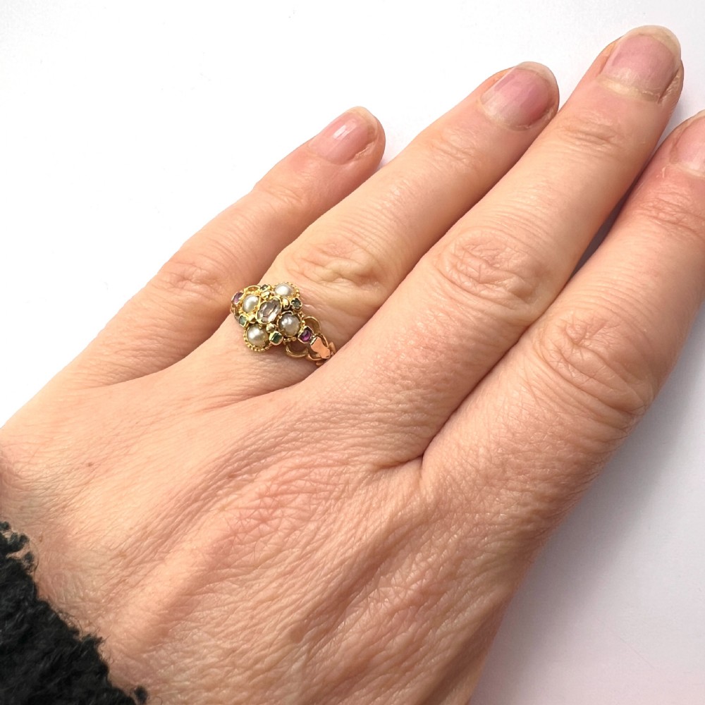 Georgian Pearl, Ruby, Emerald Gold Locket Ring View V