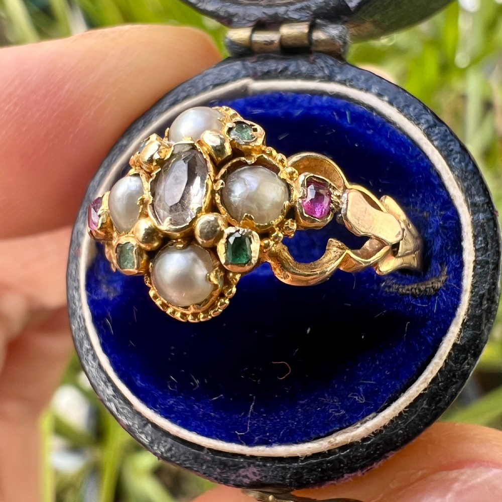 Georgian Pearl, Ruby, Emerald Gold Locket Ring View VII
