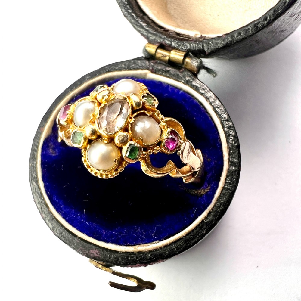 Georgian Pearl, Ruby, Emerald Gold Locket Ring View VIII